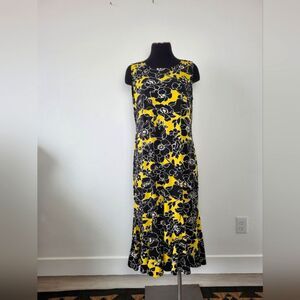 Yellow Black Floral Midi Dress Ruffle Boho Indie Casual Summer Modest Size Large